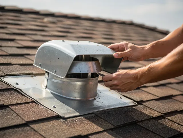 New Franklin Dryer Vent Cleaning certified technician safely cleaning a roof-mounted dryer vent in New Franklin