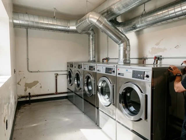New Franklin Dryer Vent Cleaning team performing large-scale commercial dryer vent cleaning in New Franklin