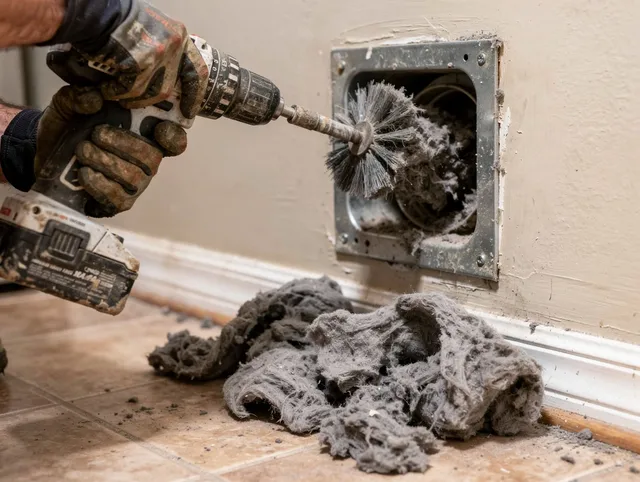 Certified New Franklin Dryer Vent Cleaning technician performing dryer vent cleaning in New Franklin