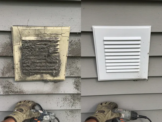 New Franklin Dryer Vent Cleaning technician installing high-quality dryer vent cover at a residential property in New Franklin