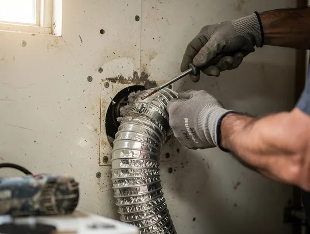New Franklin Dryer Vent Cleaning technician performing precise dryer vent hose installation in New Franklin
